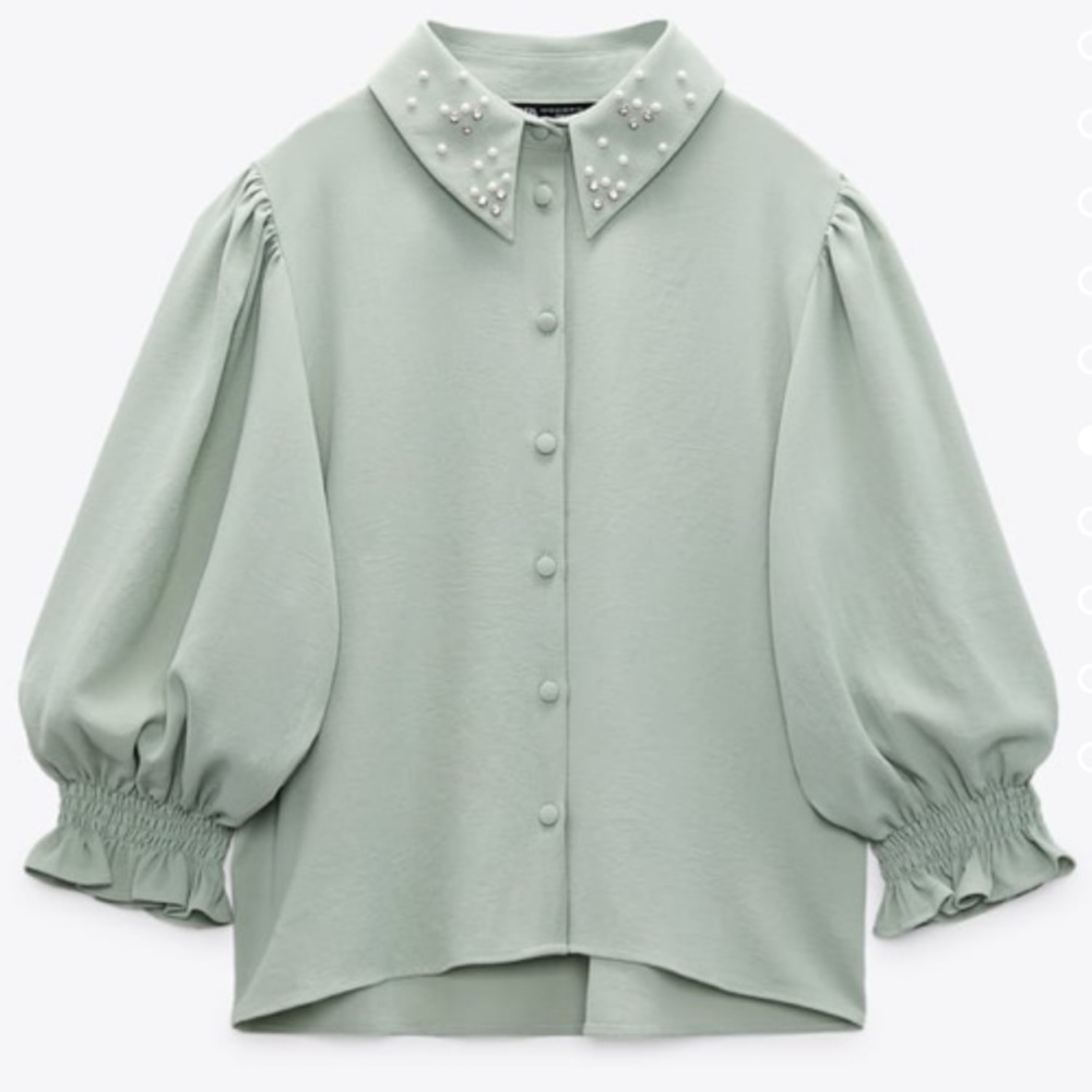 🍃💕NWT ZARA Beaded Jeweled Collar Button Front Blouse Size L